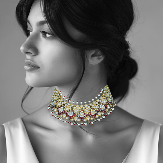 Polki Semi-Choker with Red Enamel and Pearl Beads